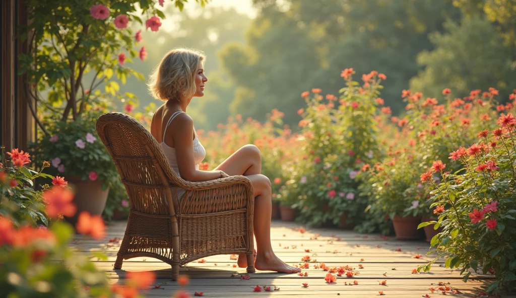 A woman with ashy hair, average length, slim,  Slavyanka. Sits relaxed in a wicker chair on the wide wooden terrace, looking out at his blooming garden and drinking coffee. The cup is on the table next to the chair. Her face is relaxed, she smiles.  summer,  flowers,  Sunny. happiness.