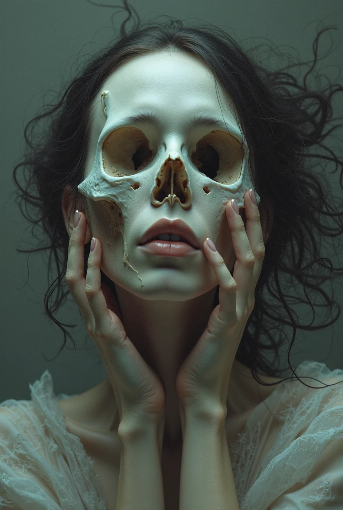 Make a woman completely bandaged all over her body, except in the mouth and eyes, lying on top of a pile of skulls, with his mouth open, flies coming out, camera from above, renascentist style.