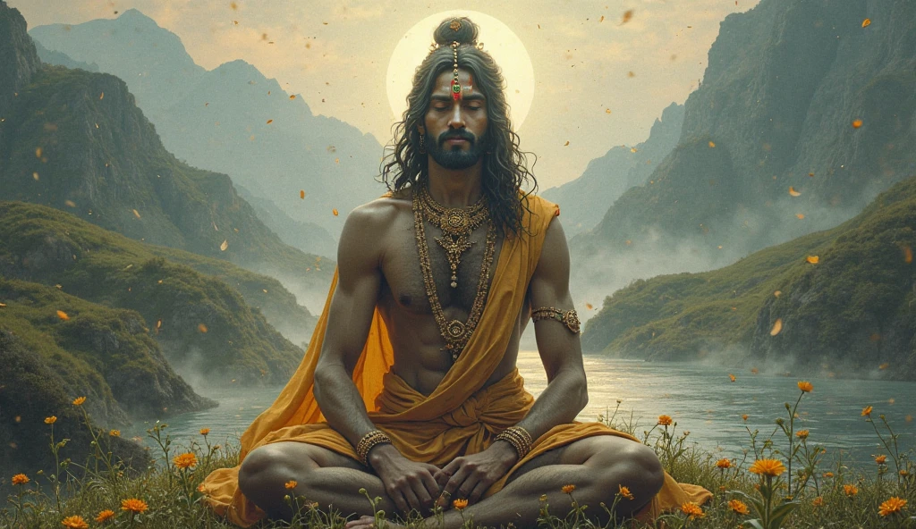 Photography of a man with long flowing hair engaged in a yoga pose, facing the sky where the majestic visage of God Shiva gazes down towards his devotee in a fantastical and otherworldly manner. The man's focused posture and spiritual connection contrast with the divine presence of Shiva, whose gaze conveys a sense of cosmic wisdom and benevolence. The surreal composition captures a moment of spiritual communion and transcendence, blending the earthly with the divine in a captivating portrayal of devotion and enlightenment