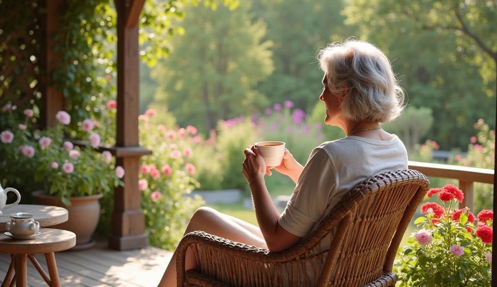 A woman with ashy hair, average length, slightly overweight,  Slavyanka. Sits relaxed in a wicker chair on the wide wooden terrace, looking out at his blooming garden and drinking coffee. The cup is on the table next to the chair. Her face is relaxed, she smiles.  summer,  flowers,  Sunny. happiness.