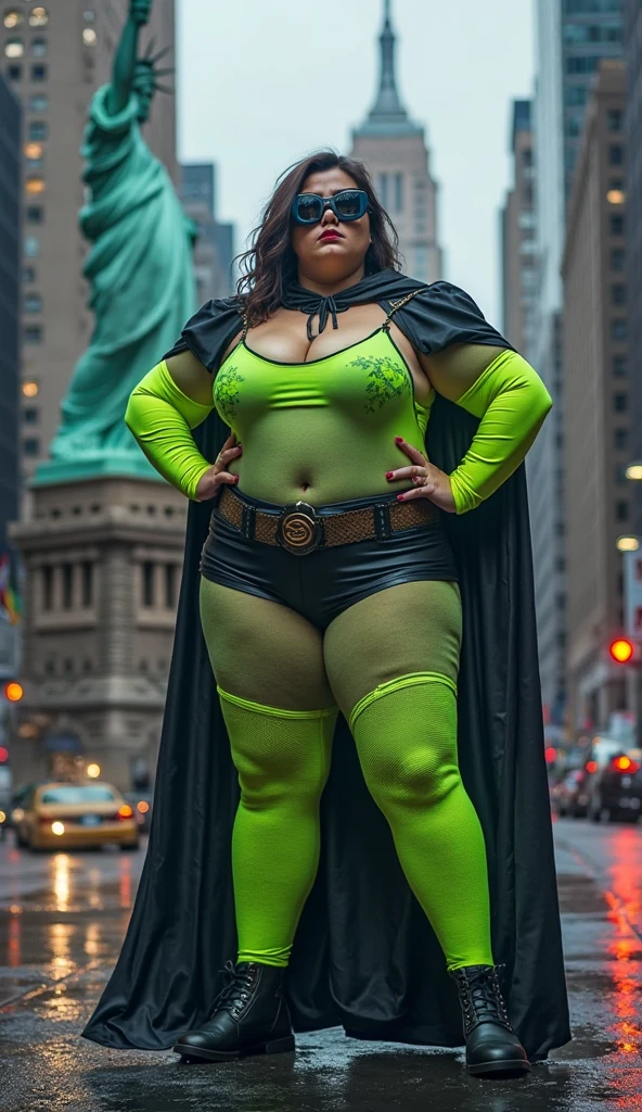 There is a black woman with green hair posing for a photo, ((traje de superheroina)), coxas grossas, thicc, Mulher de 18 anos de Cuba, corpo grosso, pernas grossas, ((pose atrevida)) ((agachado  ao lado de uma rua)), pawg, imagem de corpo inteiro,  Malika Favre, thick thieves, tiro de corpo inteiro!!, Parecendo quente, grosso, coxas grandes