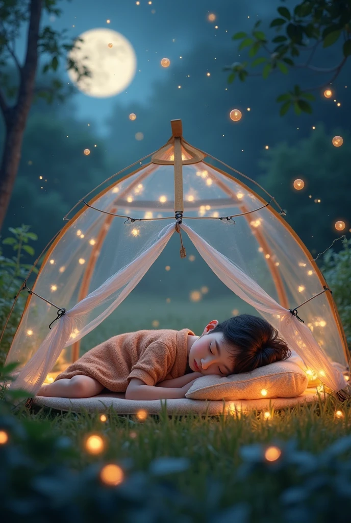 Five year old boy sleeping in a tent at night in the forest, starry sky