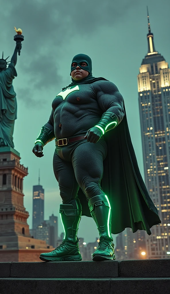 Ultrarealistic, male, pale skin, bald, long beard, wearing a batman costume, standing on a roof, at night