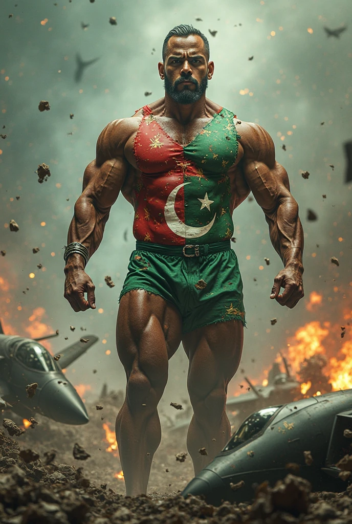 One bodybuilder with Indian flag and plastine flag
in front of cute girls. Girls see the bodybuilder 