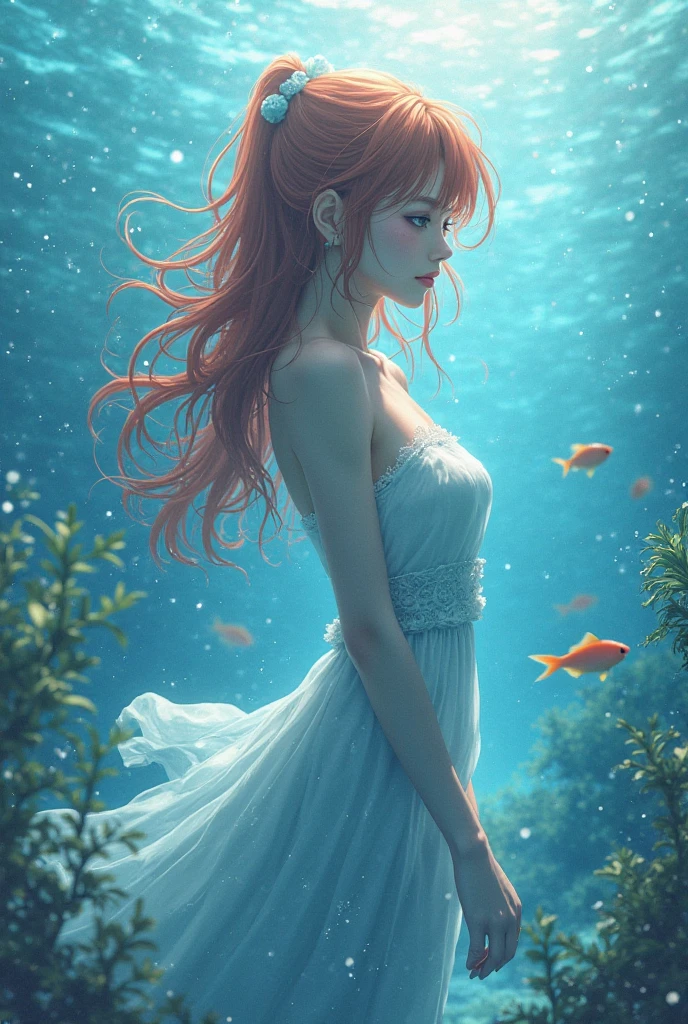 (masterpiece, best quality), ((A girl, solitary, Long hair)), Ishmael_edge, innocent expression, bare arm, Show your shoulders, Bare neck, watercolor, Sundress, liquid clothing, water, wave, water dress, green_theme, night, haze, dark, Be focused, ocean, Transparent dress, Orange Hair