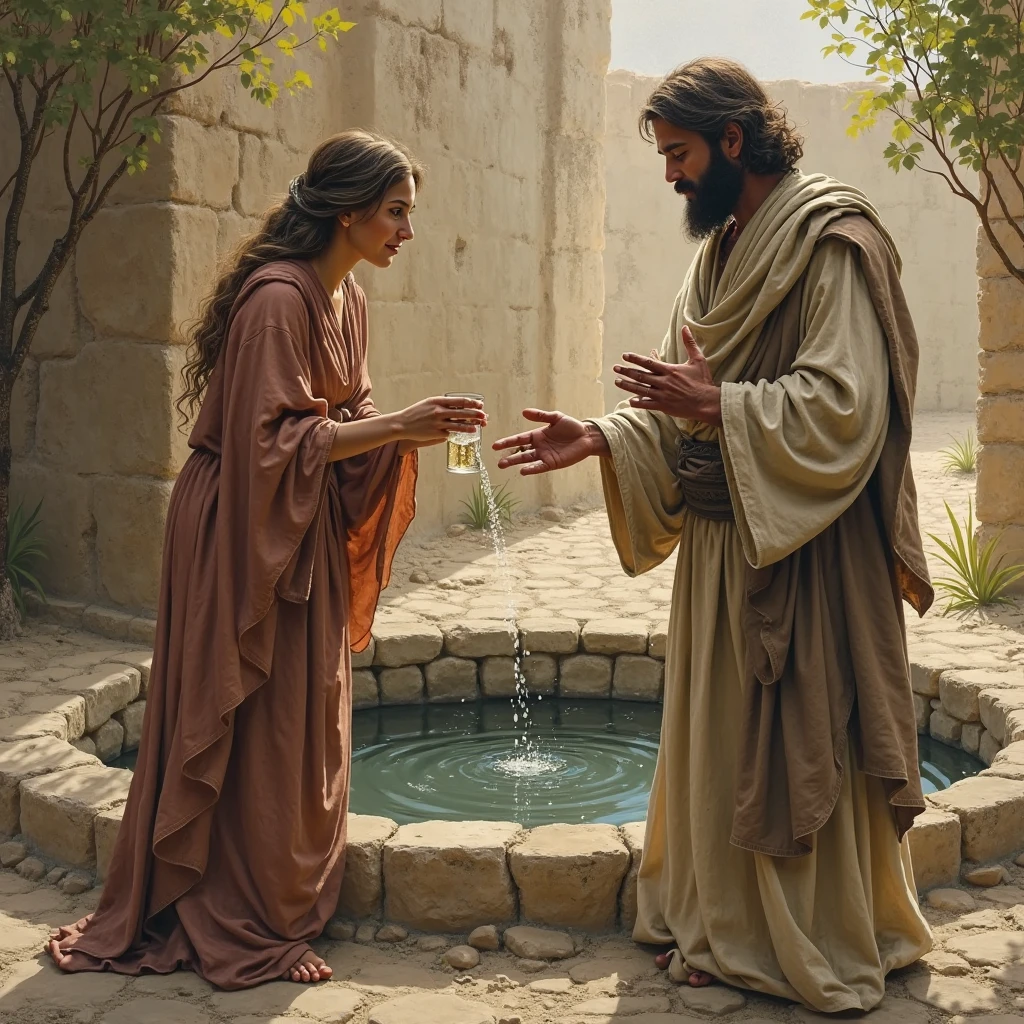 Ancient servants filling large stone jars with water at a wedding in Cana. The pots are massive, with intricate carvings, and the servants are dressed in simple, ancient attire. The scene is set outdoors near a rustic building, with the wedding party happening in the background