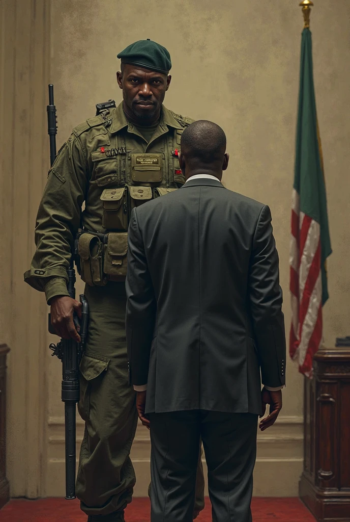 ((cinematic photo masterpiece, best quality, High Detail, sharp focus,  . 35mm photograph, film, 8k, hyper-realism)) at the Marble Palace, Rashidi, a  soldier and bodyguard to President Kabila, is seen on the ground in pains after being shot in the legs by another  soldier, Mulumba.

Foreground:

Show Rashidi, around 14-16 years old, lying on the ground in pain.
He should be wearing military fatigues, with his body positioned to indicate he was mid-sprint before being shot.
Mulumba, also around 14-16 years old, stands a few feet away, holding a rifle aimed at Rashidi, his expression serious and resolute.
Mulumba should be in similar military fatigues, standing in a stance of authority and tension.
Background:

Partially reveal the opulent Marble Palace with its grand marble columns and luxurious details.
Kapend, the ADC to the president can be seen at a distance in the background approaching the scene.
Details and Emphasis:

Focus on the intense emotions on Rashidi and Mulumba’s faces – Rashidi’s pain and fear, Mulumba’s determination.
Mulumba should have a firm grip on his rifle, ready to act further if needed, emphasizing his role in stopping Rashidi.