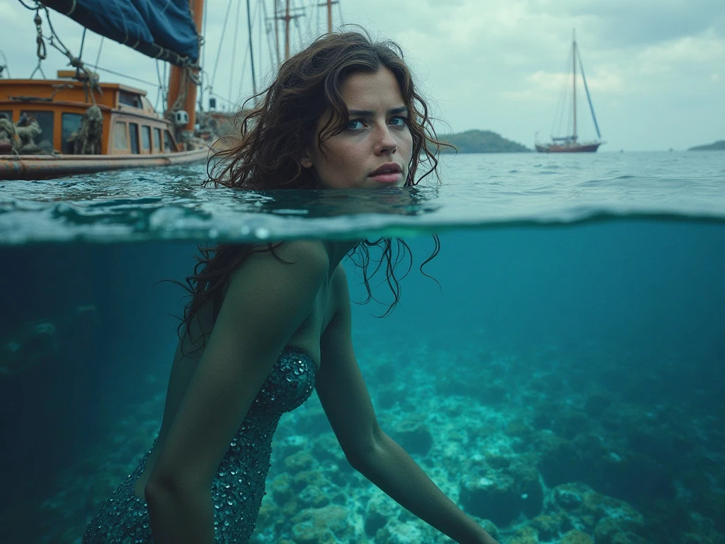 cowboy shot ,Realistic, melhor qualidade, master part, Realistic ,hiperdetalhado, intrinsecamente detalhado, sereia, (dentro de uma bolha:1.6), 1girl, Beautiful, sexy, mulher madura, underwater, brincando com peixes, coral, alga, fundo do recife, fantasia, ripples, seios, Cores quentes, blonde hair, Conchas, orange hair, Bubblerealm, water,