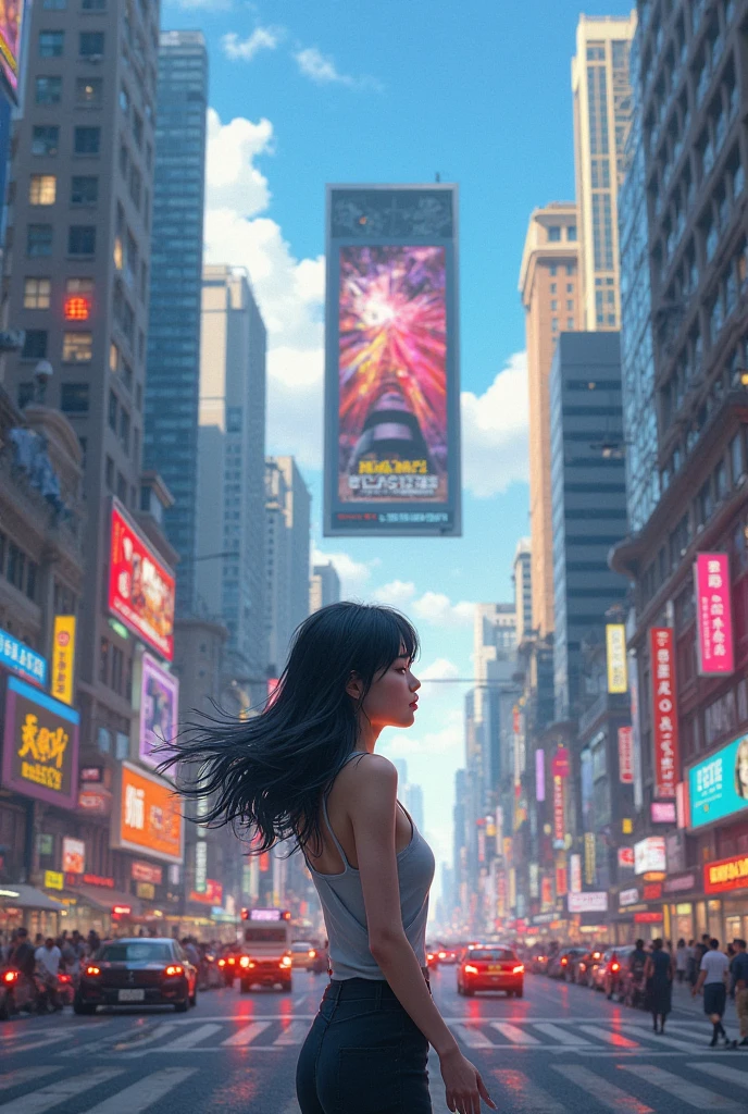 The giant girl wields a hammer and destroys the city,Girl sitting on a building,A giant woman in a lying on top of a cyberpunk city, Wear short skirts,Little guys running around the giant girl,The little person panicked and ran away,Many cars pass by, Standing on her hand, cgsociety 9, 2. 5 d cgi fantasy art, engine rendering unreal + a goddess, full body cgsociety, artgerm ; Hyper realistic 3d content, giant art, super detailed 3d matte paintings, super detailed 3d matte paintings, realistic fantasy art, realistic 3 d anime style. Beautiful girl. Big thighs."The boy stood on the top of a high-rise building waving to the girl". Color ultra 4k.The little person panicked and ran away.Giant attack.Shibuya,tokyo.sakura.