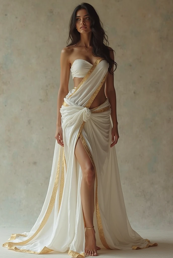 a female dancer in a white draped Greek dress dancing in front of a fire with an Olympic flame in her hand