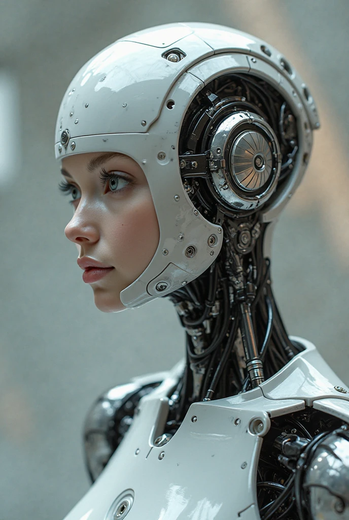 Description: A beautiful girl with a sweet and enticing appearance,
skin color thighs, skin color real skin, Beautiful and charming profile, Exposed brain circuits, resembling a real human. Her face and neck exhibit a natural skin texture, but her head and neck reveal the presence of mechanical components. Below her chest, she is entirely robotic, showcasing intricate mechanical structures. However, the rest of her body mimics the texture of human skin, with a natural touch.Quarter Tech Helmet.