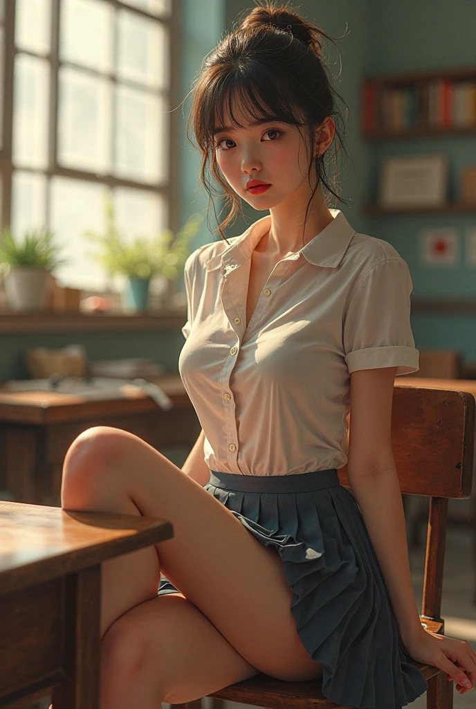 ((against the window)), ((short plaid skirt)), ((best quality)), ((masterpiece)), (detailed), 1girl, bent over, summer dress