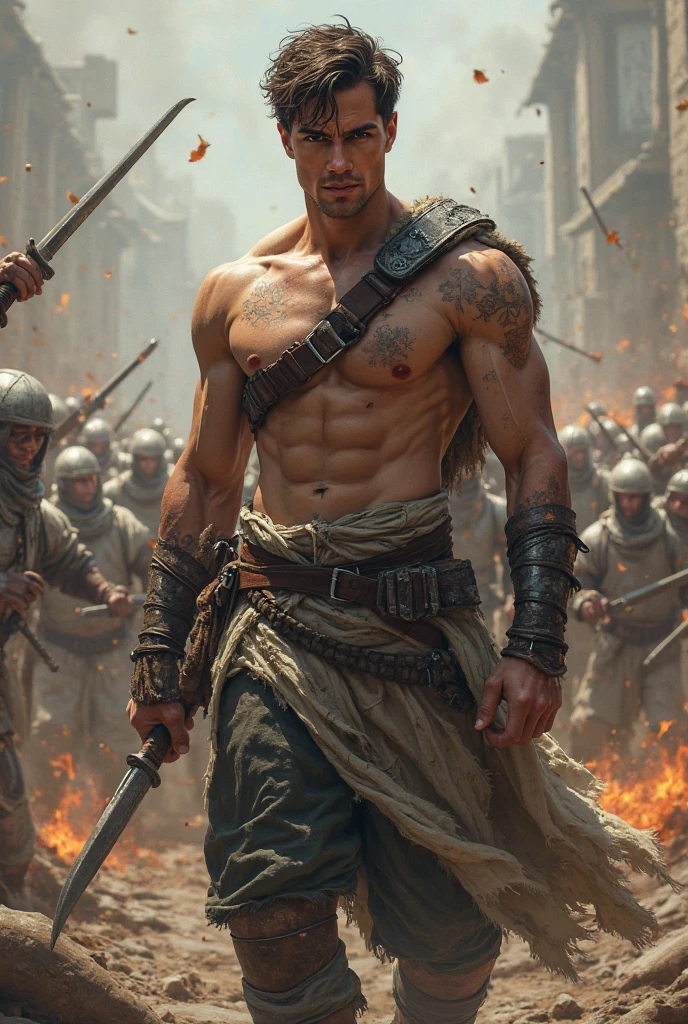 Create a image of very young tall very handsome bodybuilder 24 old warrior boy