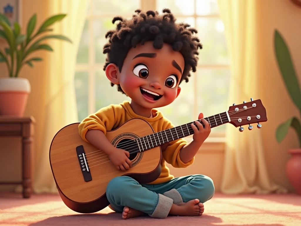 Happy African kid playing guitar