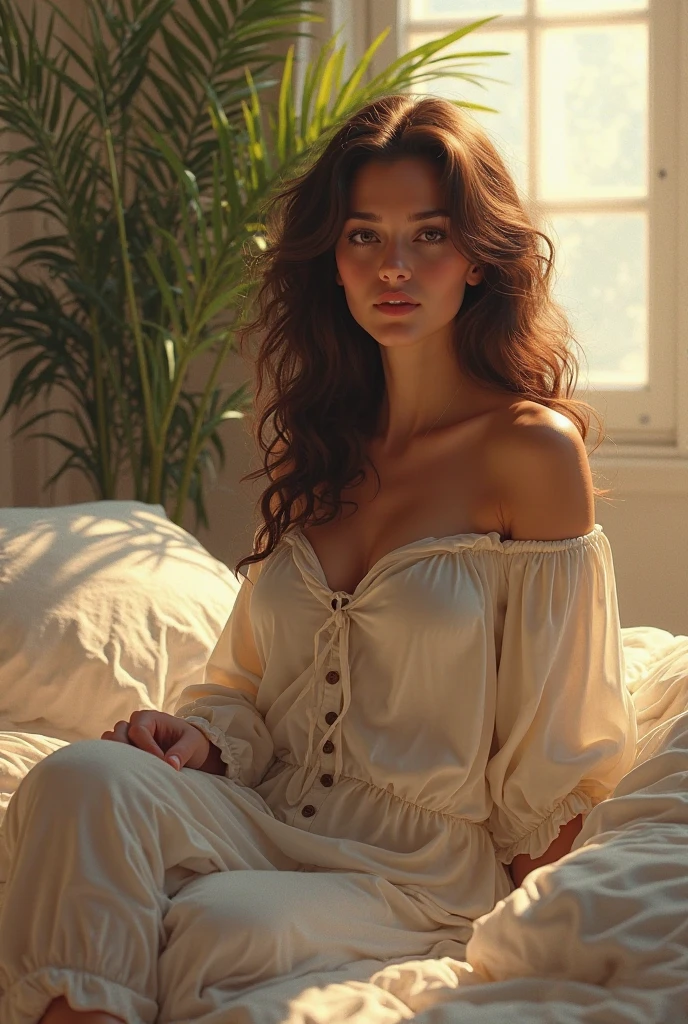 (photorealism:1.2), beautiful woman, sitting on bed, wearing loose off-shoulder top, pajama pants, long curly hair, indoors, soft lighting, plants in background, window with sunlight, cozy room, relaxed pose, realistic, intricate details, warm colors, by Greg Rutkowski, by Alphonse Mucha