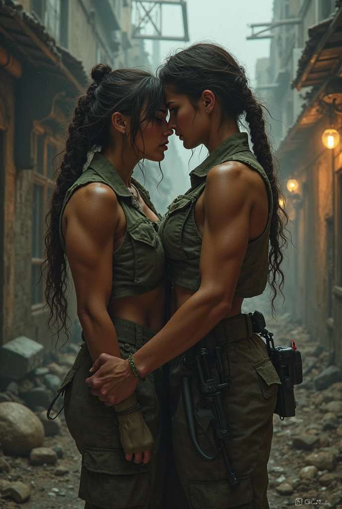 ((((a nurse and a maid embracing each other)))), Medieval second floor balcony background, ((((a bodybuilder and a femalebodybuilder)))), cute girls, expression of love, (((very muscular body, vascularity, veins))), upper-body portrait, upper-body Image, real woman, (barefeet, barefoot), abnormally developed muscles, ((color Image)) masterpiece, best quality, high resolution