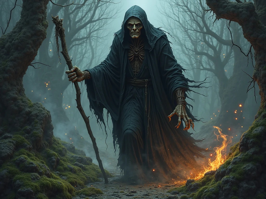 A dark image of an old witch in a dark place in front of a wattle and daub house