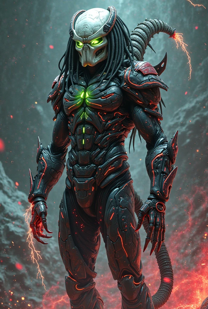 An epic image of The Predator with red eyes, dreadlocks, from Prey Movie in fight position at dark night by Greg Rutkowski, Zdzislaw Beksinski, Digital Art, Unreal Engine 5, artstation