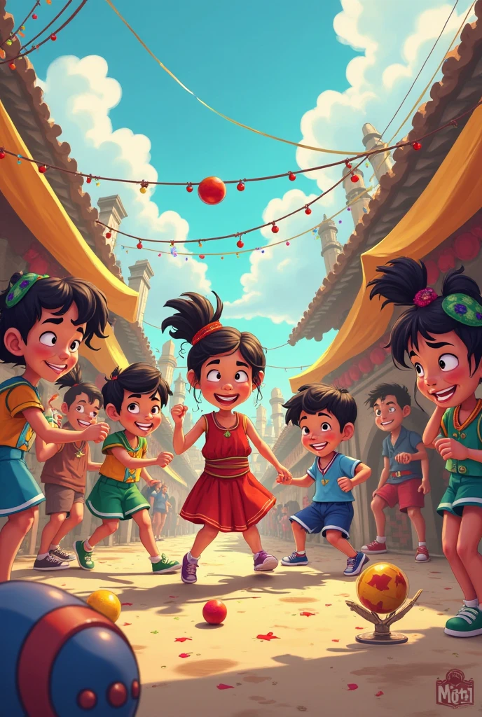 Create a vibrant sketch of the Dahi Handi festival, capturing the excitement and energy of the event. The scene should feature a cute small ??? pyramid of enthusiastic participants, with cute small ??? climbing on each other's shoulders to reach a clay pot (handi) suspended high above. The setting is a crowded street in an Indian town, filled with cheering onlookers, colorful decorations, and splashes of water in the air. Traditional attire, such as kurtas and turbans, should be worn by the participants, and the overall atmosphere should be festive and lively, reflecting the joyous spirit of the celebration