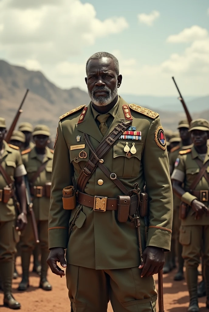 A realistic portrait of black Hitler, posing for a photograph while he is in the middle of an african tribe that is dancing around him in traditional tribal clothers. Hitler is in his classic SS uniform, and the sun is really strong on the African desert, 4K, high quality, masterpiece, best quality, photography