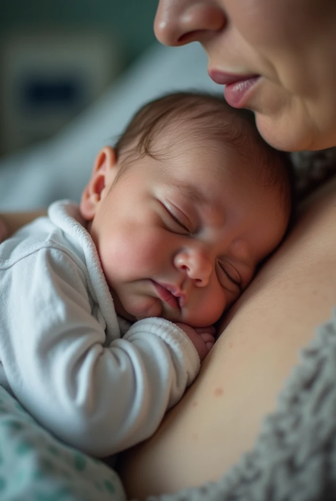 A young woman is cradling her sleeping grandfather while demonstrating how to breastfeed him