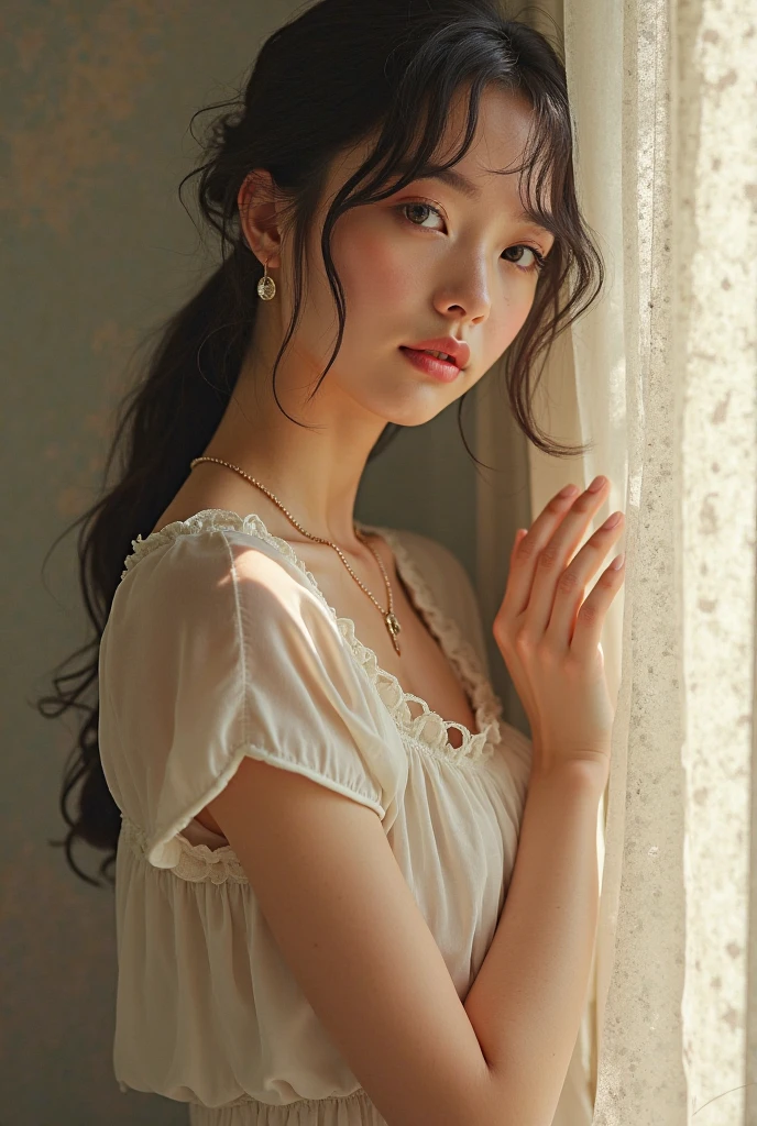 A sad Vietnamese girl with thin hair, hair loss, Look in the mirror, wearing a white dress, summer, nostalgia, simple and beautiful color scheme, flat color, hoa, luxurious, hoa đỏ
