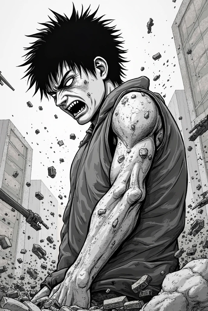 muscular man lifting a giant rock, (anime), bizarre scenario, This is Junji, Yusuke Murata, black and white, 8K, anime, horror