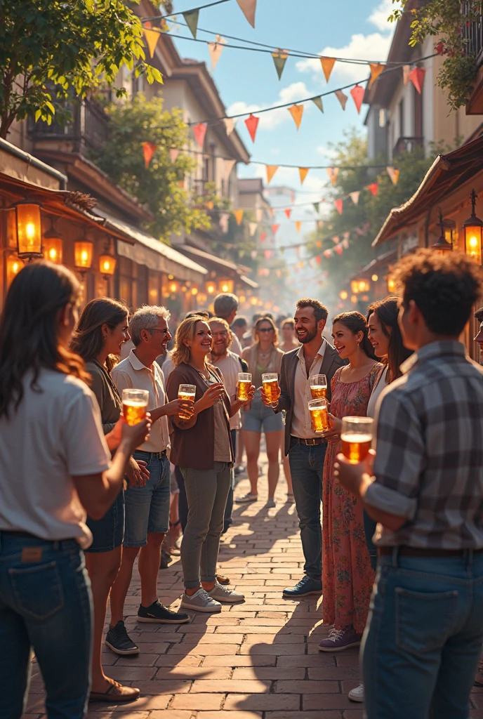 aerial image of an outdoor party with friends wearing matching clothes and drinking beer