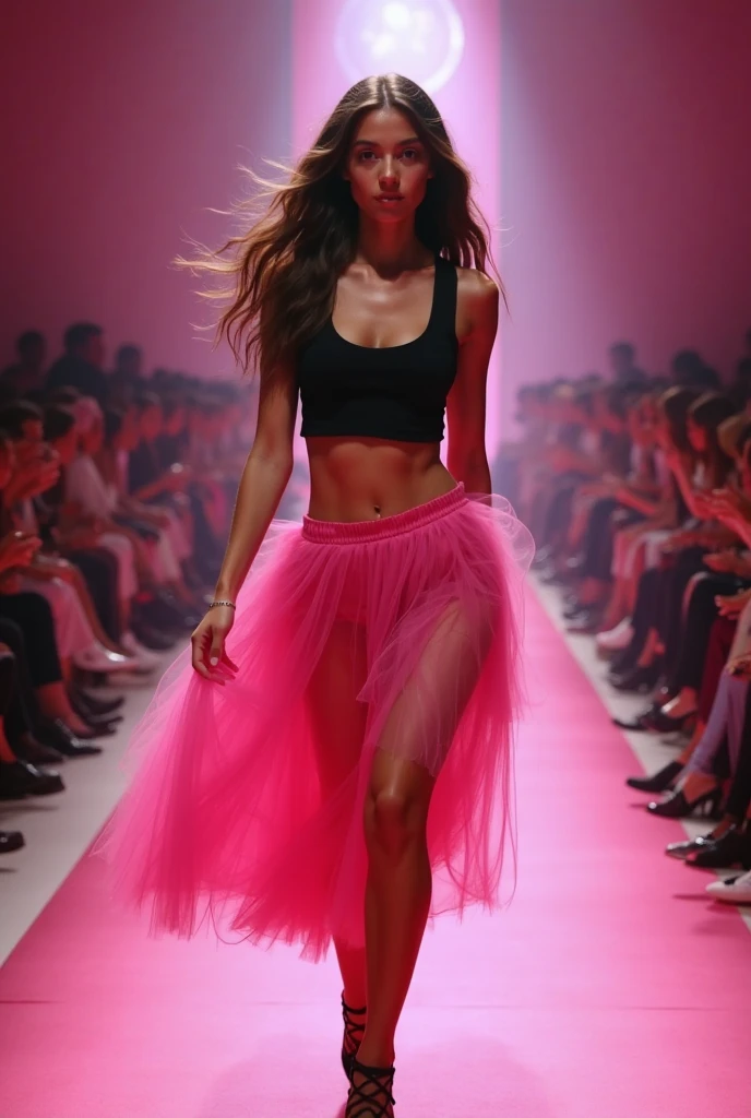 image of a beautiful pretty woman wearing a beautiful outfit with pink tights and a mini skirt, standing on a pool of yellow glue, on the ground, the glue stretches and attahes till her thigh lenght, stretchy glue, best quality, highly detailed pink lips