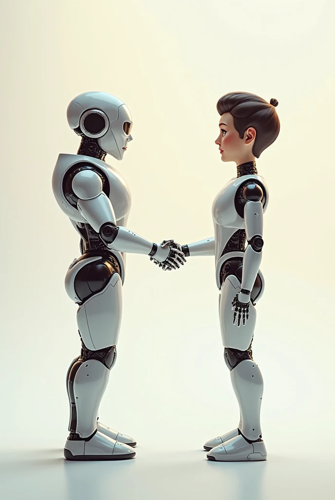 two gorgeous female robot, one black and the other white with matching outfit holding hands facing eachother in love, photo realistic, hyper detail, full body shot, back to camera,