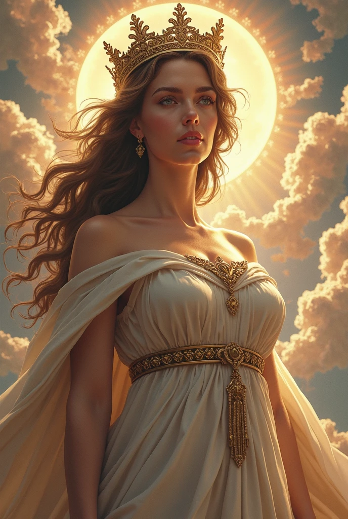 concept art style of "Rembrandt" fantasy setting, overwhelmingly beautiful ancient Roman goddess, symbols of love beauty and fertility, radiant, timeless elegance , Venus, Joyful and Carefree expression, slim, ethereal, supermodel, wearing a slim fitting roman cloth stola white dress , detailed skin, skin pores, detailed face, jewelry, teardrop breasts, celestial, oil painting, intricated skin, realistic, photorealistic, rim lights, dark shadows, cinematic scene BREAK background of heavenly clouds with cherubs
Rembrandt lighting style
. digital artwork, illustrative, painterly, matte painting, highly detailed