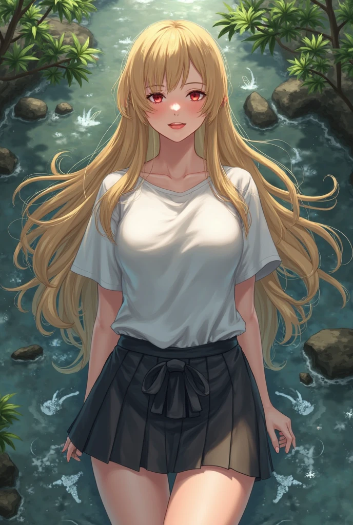 genuine、1 girl、blonde、long hair、green eyes、、()、pointed nipples、((white t-shirt:1.5))、((big breasts thin waist))、wet body、cowboy shot、facing the front、shiny body、Pee、look at the camera、masterpiece, Shoot head-on