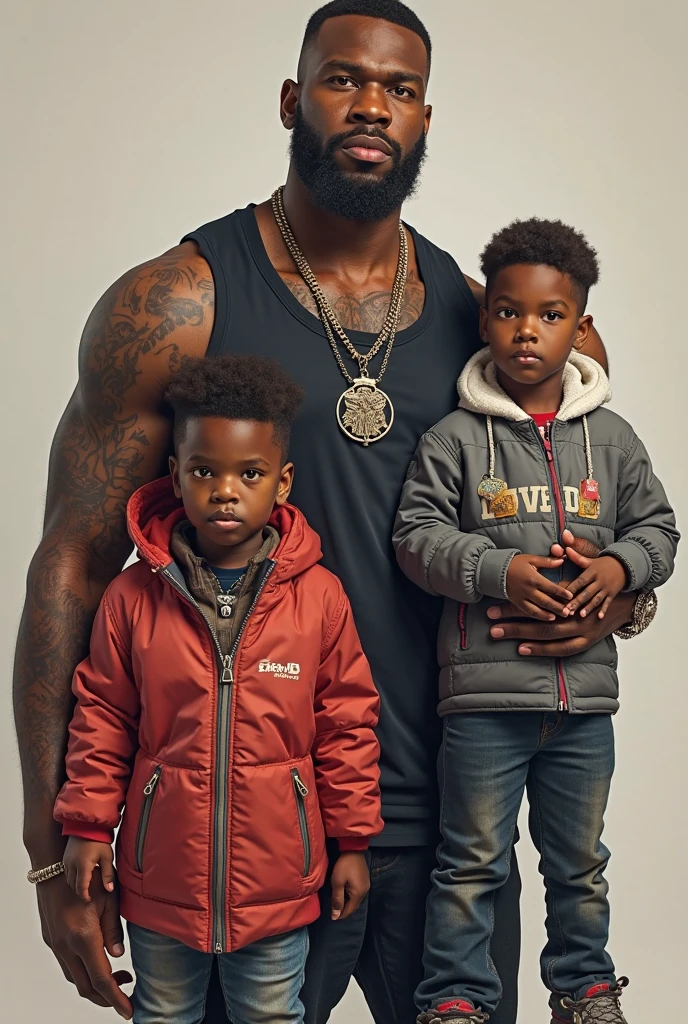high qualiy, 8k Ultra HD, a strong black man holding a 1 year old baby and around him 5 other strong tattooed men admire the scene of the father and daughter. The scene is an alley in the suburbs