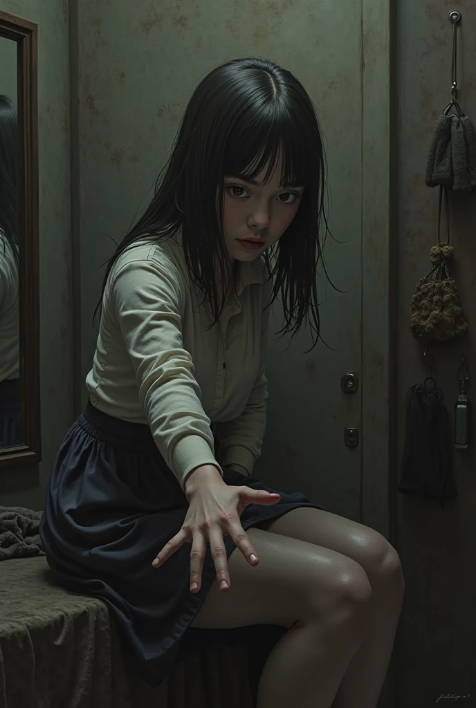 A scary corean girl looking like a animal in four support position on the ground holding a dead bloody animal in her mouth with savage look in a house's yard terror style
