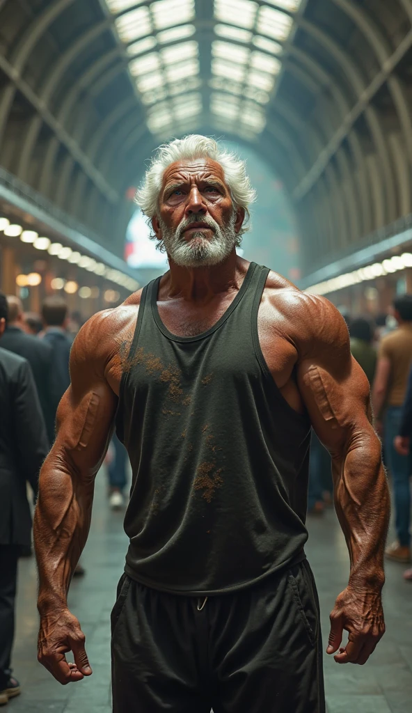 (masterpiece, intricately detailed, highest resolution, best quality:1.2),a cocky Russian hunk, a 80 y.o muscle dad with a muscular physique sitting on a chair with black eyes,fair-skinned male, bald head, huge beard, mutton- chops,flaccid penis,saggy balls, ((wearing a captainAmerica uniform inspired catsuit)), ((excessive cum:1.2)), ((cum on body:1.2)), cum drip, hairy chest,vascular,muscle striations,soft light,fantastic realism,