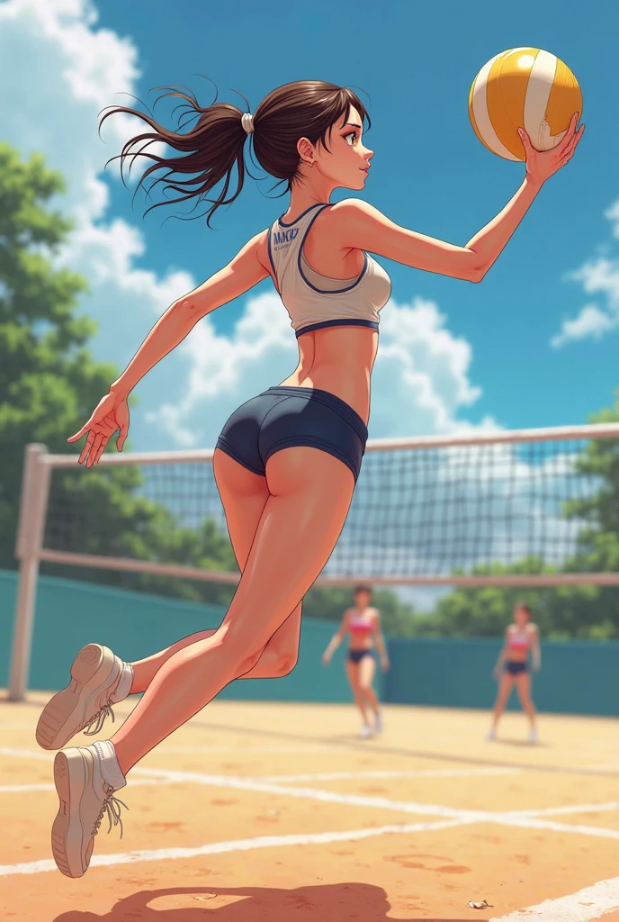 Anime girl playing indoor volleyball with black hair and smashing a ball with big breasts