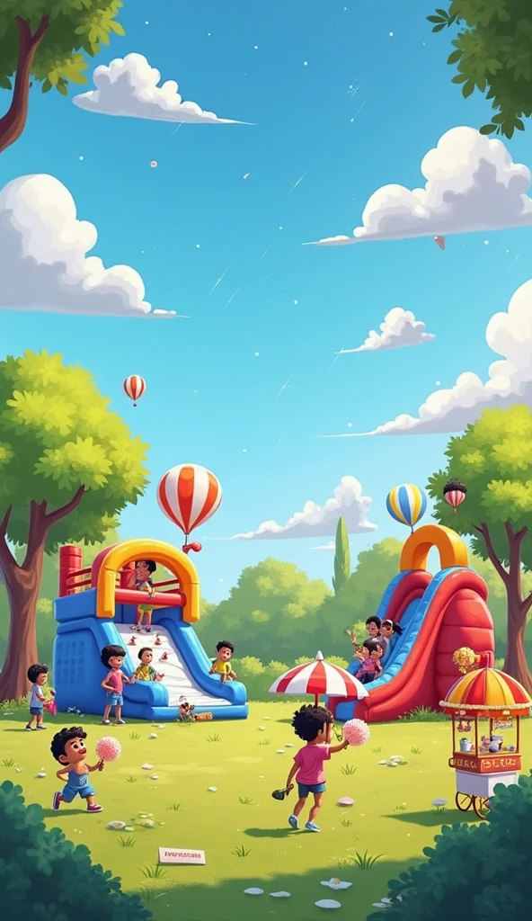 B is for Ball, that bounces to the beat:
"A colorful ball bouncing on a grassy field, with motion lines to show its lively bounce, surrounded by playful children."