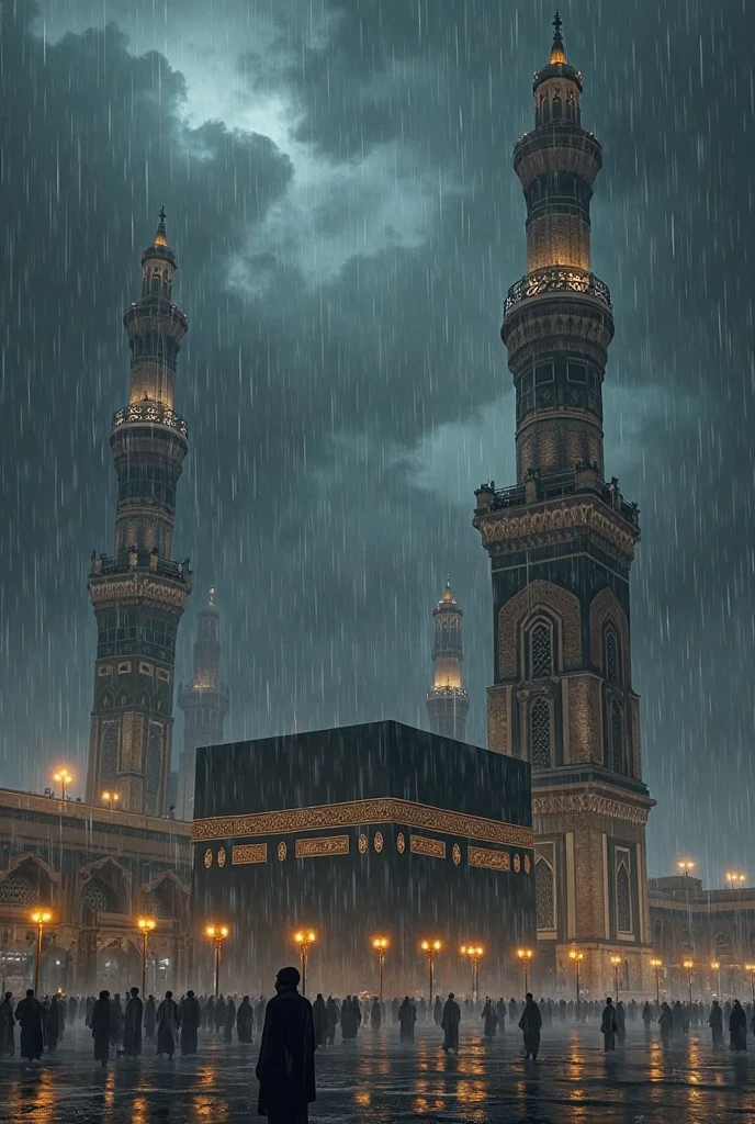(Photorealism:1.2), Medina ,the green dome,in background rain , night, holy city