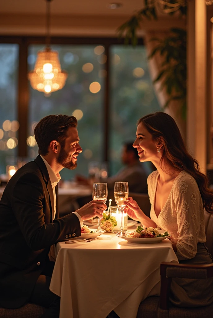 (Close-up of a better masterpiece:1.5)0.9], a classic restaurant, two individuals, a woman and a man are seen sitting at a dining table, in a restaurant, there is a background of a building made of wood... the dining table is full of food, and juice drinks