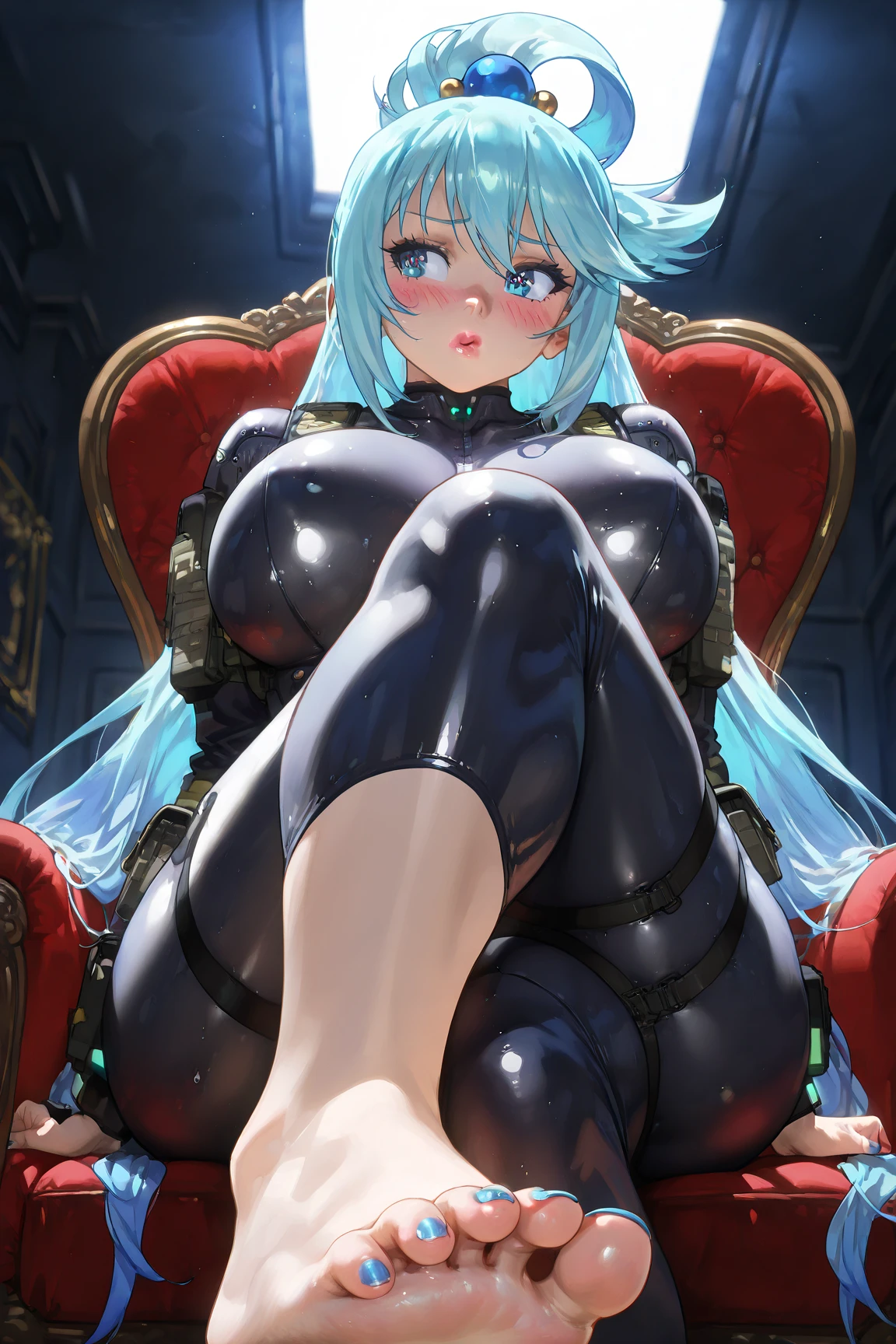 ((1 cyborg woman)),((huge breasts,naked pussy,naked breasts,biomechanical breasts)),((urethral insertion)),((short light blue hair with ponytail,blue eyes)),((cented spreading her legs wide in the shape of an m, on top of a table with monitors, inserting a giant blue rubber penis into her anus, focusing on the anus, oozing red liquid from her anus)), naughty smile