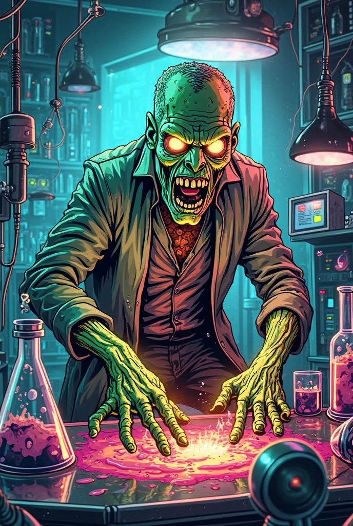 Design a t-shirt featuring a fantasy skullart illustration of a  scientist scary skull with curley hair, sunglasses, colorful glowing chemical laboratory glassware, Combine a detailed black and white drawing with vibrant, colorful digital fantasy style chemical elements. Draw inspiration from the intricate and dynamic styles of Dan Mumford, junko mizuno, and Frank Frazetta.negative space