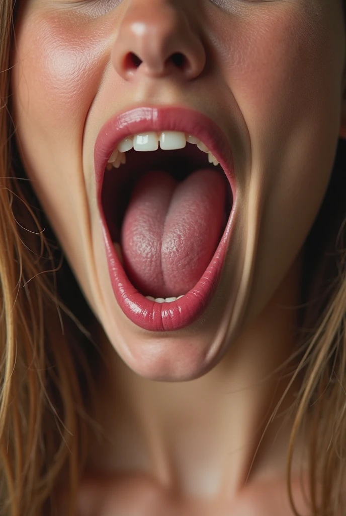 flash photography,film grain,cinematic,Photos of a sexy 24 year old American woman,beautiful tongue,She sticks out her tongue, sexually suggestive,Oral sex invitation,Detailed skin texture,open mouth,indoor, bedroom,blond hair,solo focus,Comfortable expression and eyes closed,motion blur,face close-up,from front