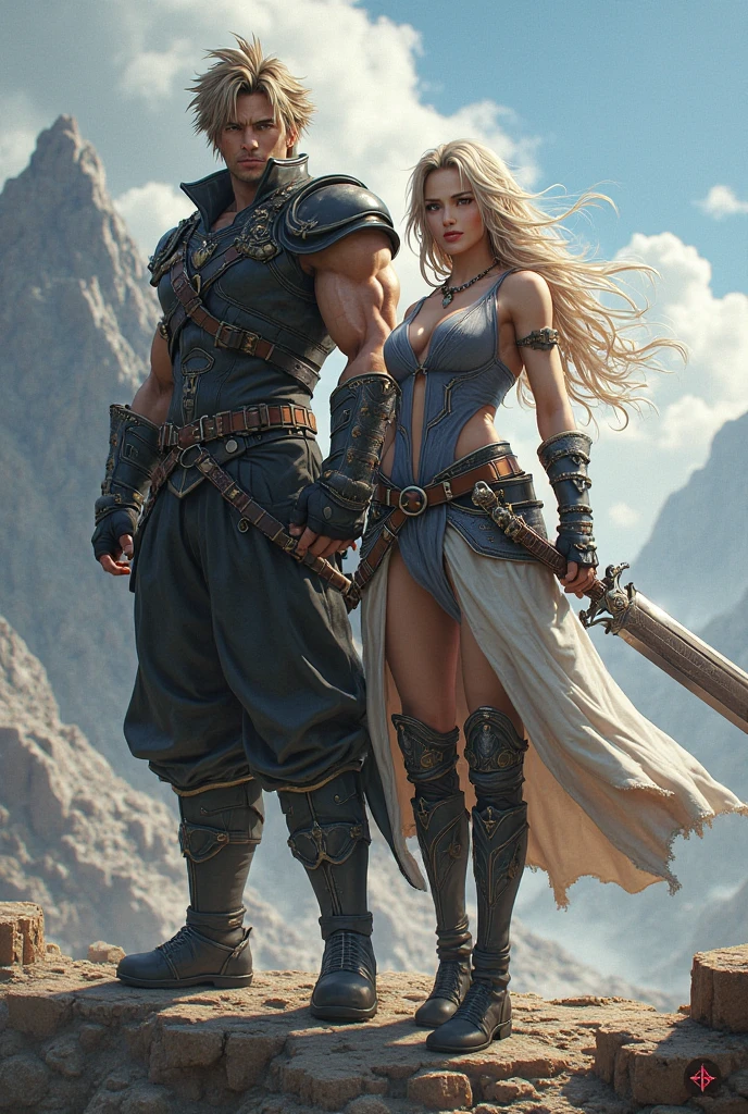 Black Viking left arm tattoo design, a full body muscular viking man and beautiful blond woman showing big busty and butt transparent clothes showing vagina, muscular legs, holding big sword with right hand, brown hair divided with bangs, perfect eyes, wearing warrior leather shoes, wearing warrior boots, lake and mountains in the background.
