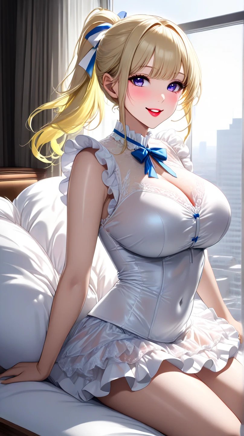 realistic, 1girl, sexually suggestive pose, blonde hair, high ponytail, blue eyes, glowing eyes, Maid uniform, white stockings, garter, skirt, parted lips, blush, night, flowers,