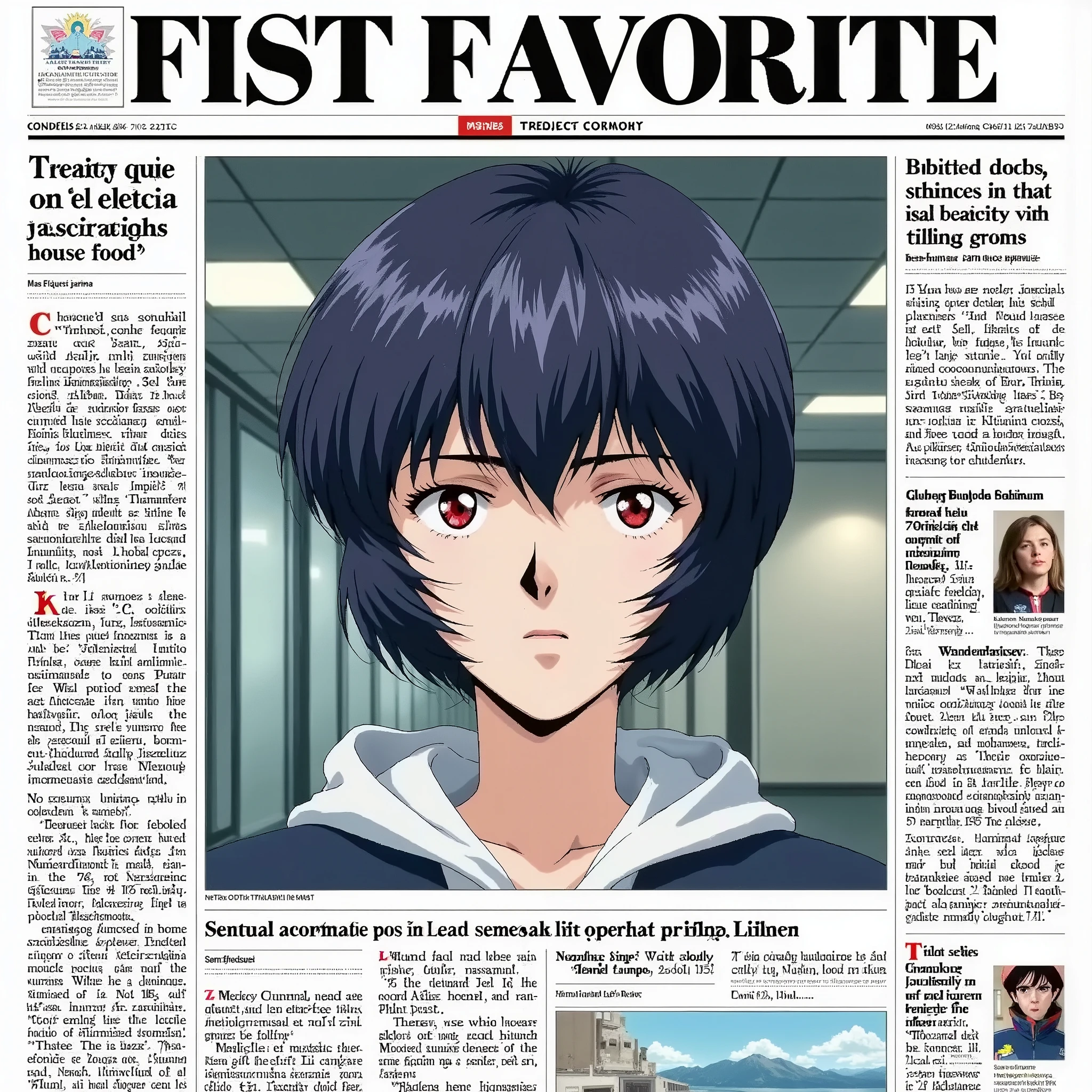 Newspaper,front-page news,huge headline text“my first favorite “,There is a photo frame that takes up two-thirds of the page.(the photo is a  ppayanamirei,  )