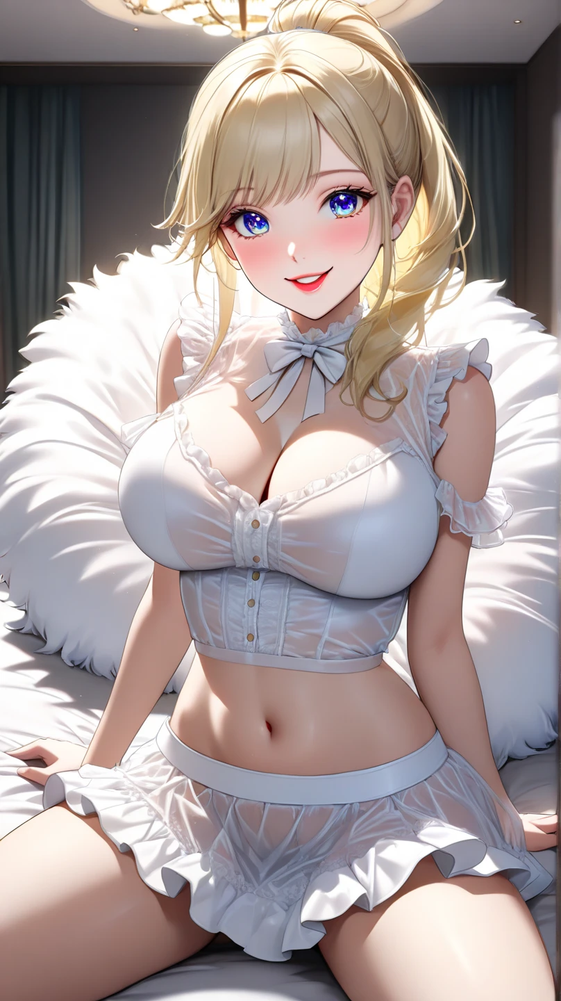 (8K、Highest image quality、highest quality、masterpiece)、detailed face、1 girl、yellow hair、twintails、((drill hair:1.1))、light green eyes、evil smile、((grin))、((gigantic breasts))、((white dress))、strapless、cowboy shot、put it on your mouth、luxury room
