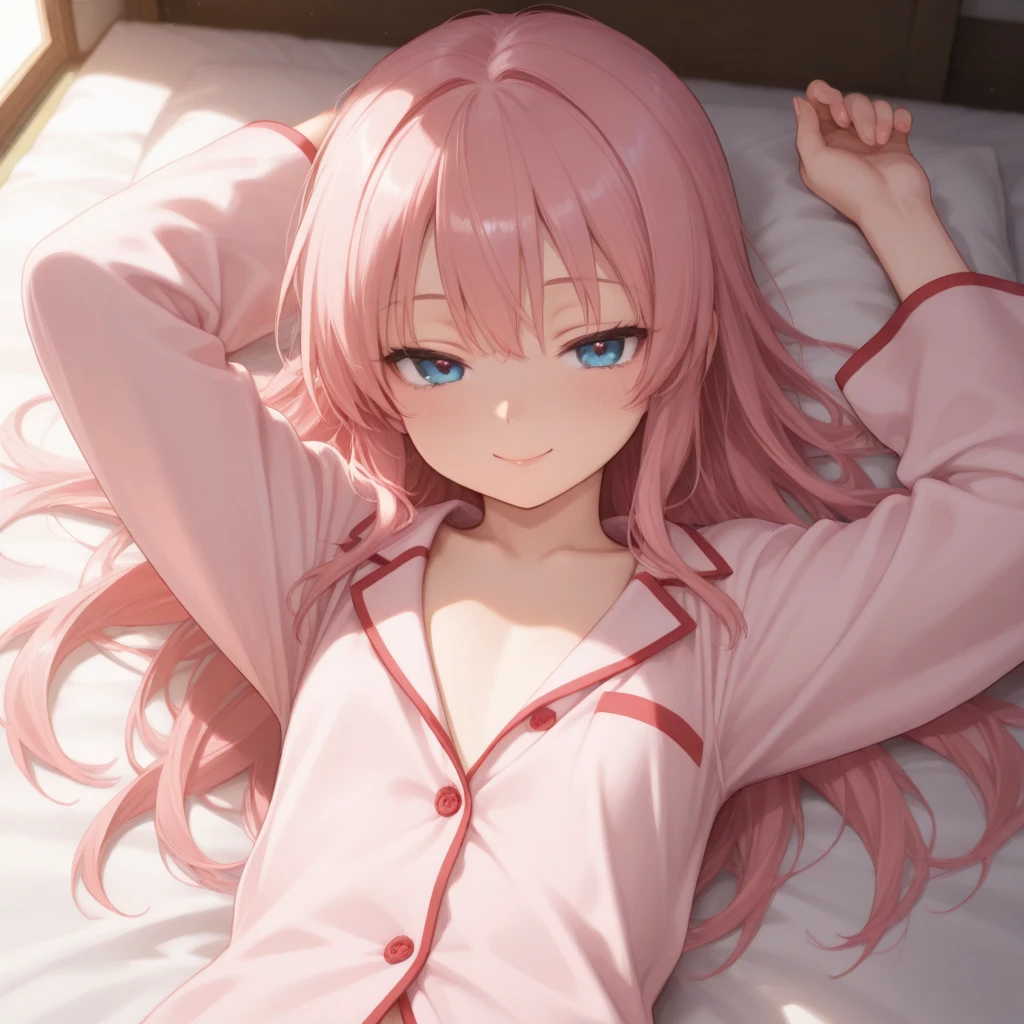 Very detailed, Detailed Background, (highest quality, masterpiece, High resolution), One girl, smile, Mid-chest, Pink Hair, Upper Body, pajamas, long hair、 night、 Dimly lit room