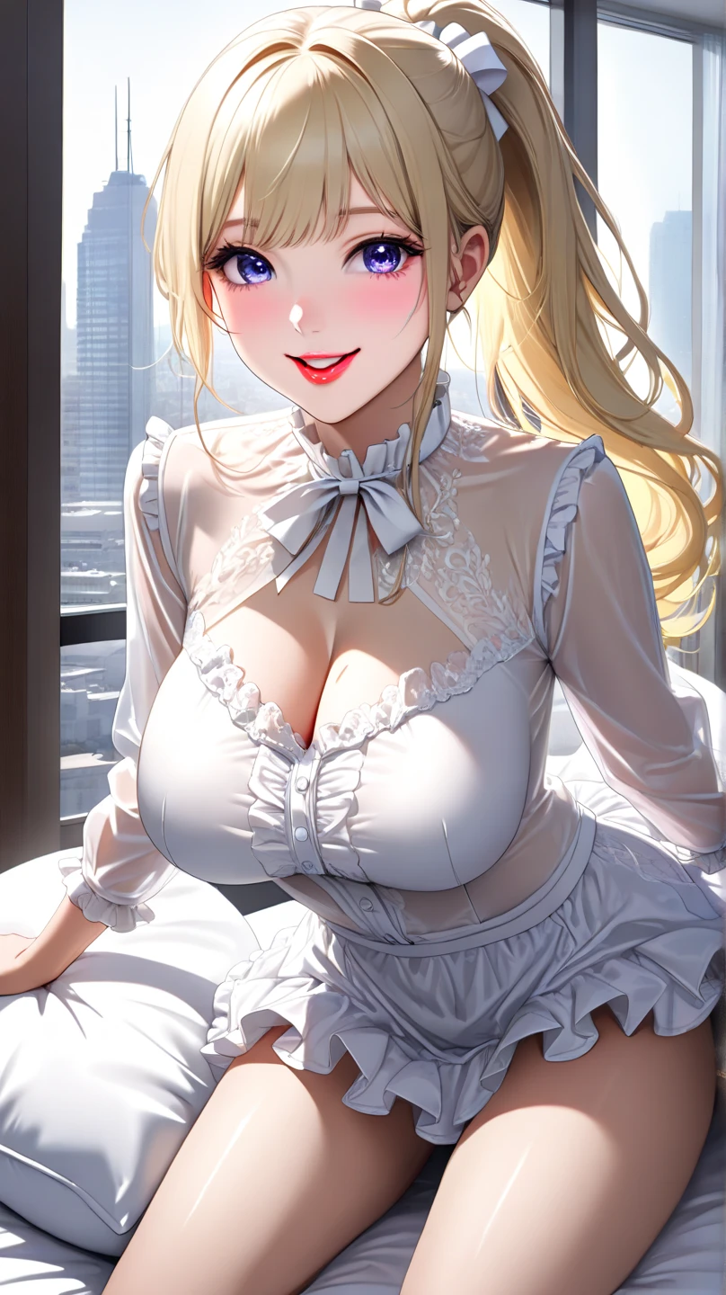masterpiece:1.4,best-quality,Super Detail,Very Delicate and Beautiful, (( nsfw, low angle shot, underboob )), ((( She boldly flips up her skirt to show her panties ))), pretty slut, black miniskirt, panties, pussy juice, blonde long hair, very gigantic breasts, cleavage, very slender, perfect face