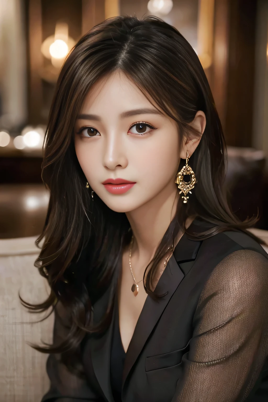 masterpiece, highest quality, Realistic, Very detailed, Finer details, High resolution, 8k wallpaper, One beautiful woman, Wear an elegant black see-through blouse, In a great restaurant, At night, Light brown messy hair, Perfect dynamic composition, Beautiful and beautiful eyes、Big earrings、Sleeveless shirt、