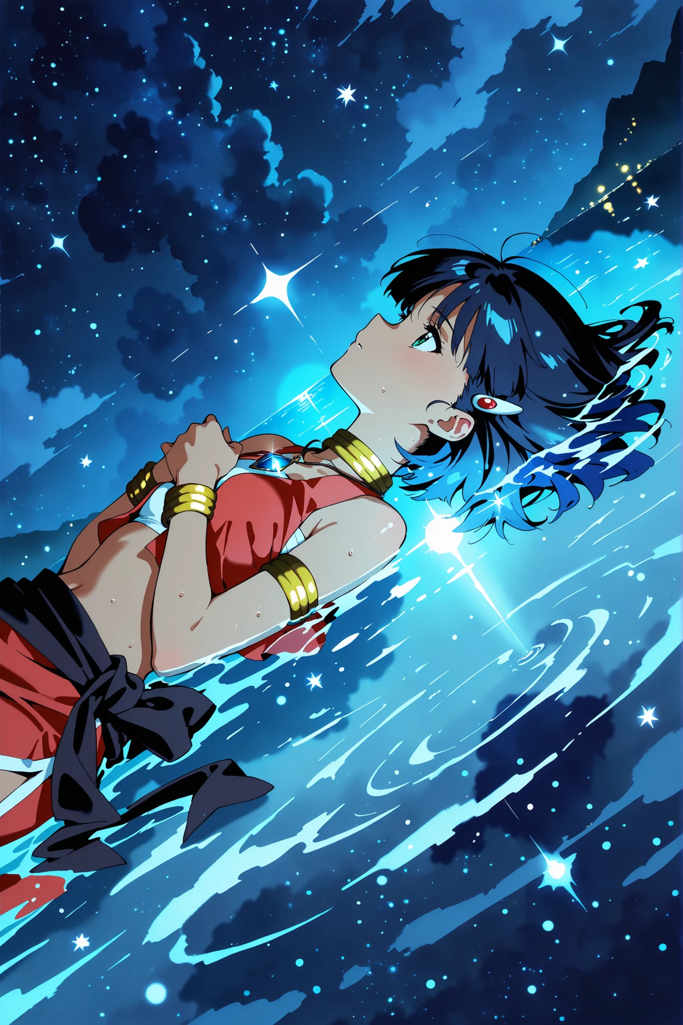 (masterpiece, best quality, ultra-detailed, anime-style, cinematic lighting), Nadia La Arwall from "Nadia: The Secret of Blue Water", lying on her back on a calm water surface, arms slightly spread, her body floating peacefully at the center of circular ripples, water glowing with magical light, soft sparkles and shimmering particles, gentle waves forming a spiral pattern, dreamy and fantastical atmosphere, moonlight reflecting on water